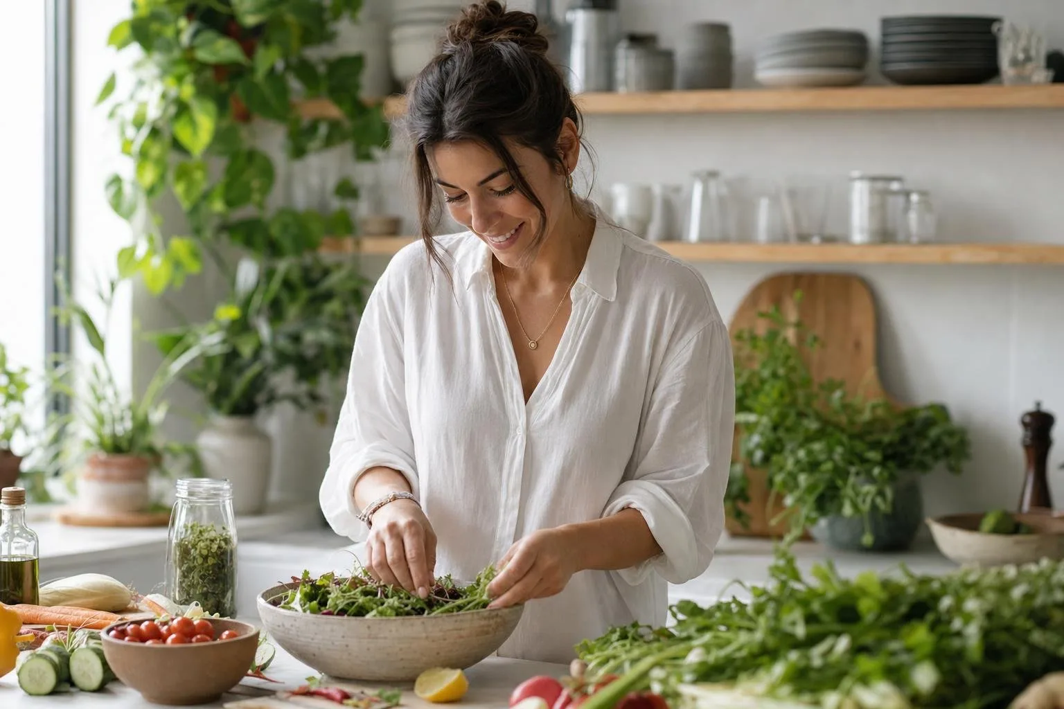 Overhead circular spread of fresh vegetables, grains, and leafy greens on a bright table