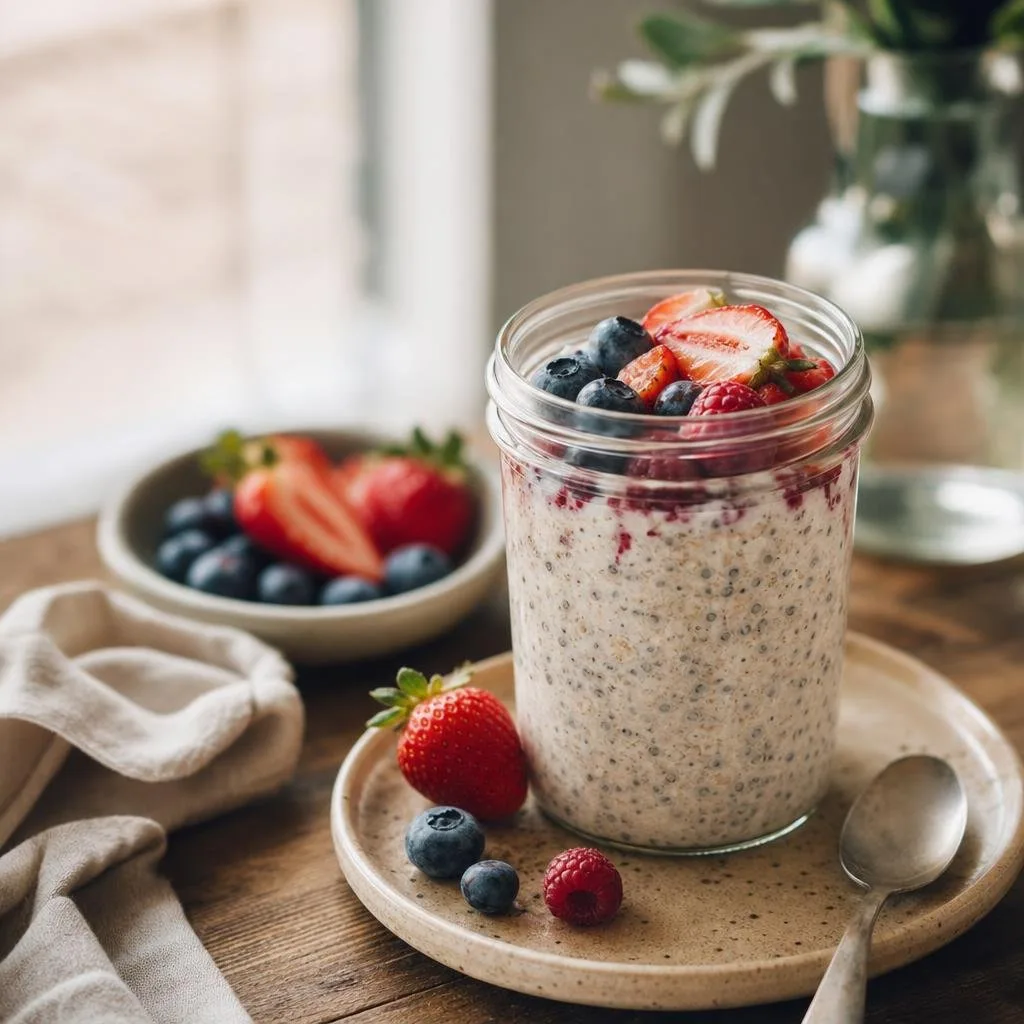 High-protein overnight oats topped with fresh berries